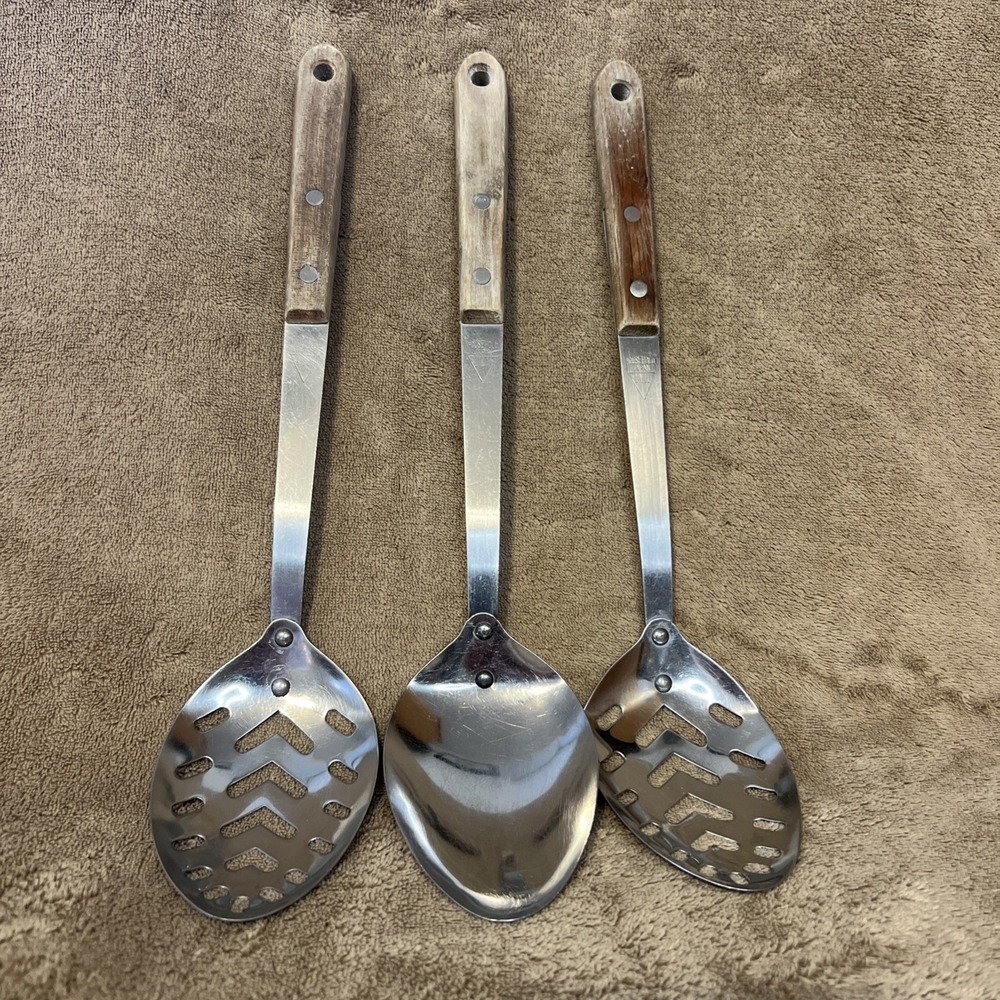 Vintage Household Japan Stainless Steel Serving Spoons Wood Handle